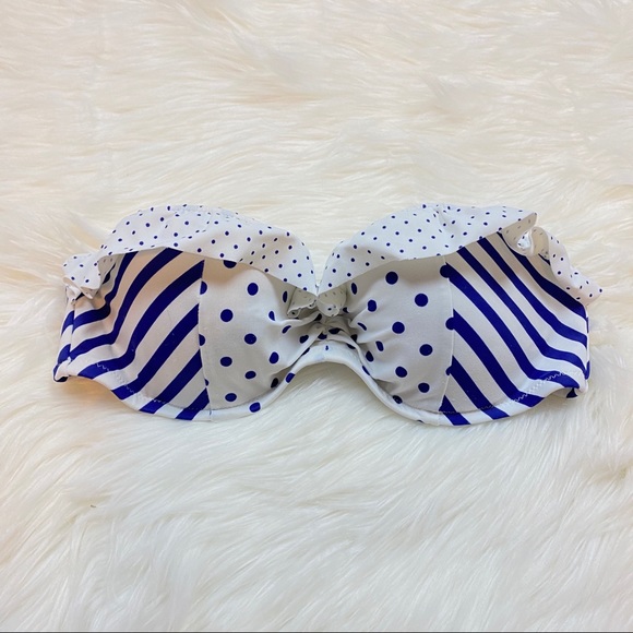 Victoria’s Secret Flounce White& Blue Dot Stripe Bandeau Swim Bikini Top - Picture 4 of 8